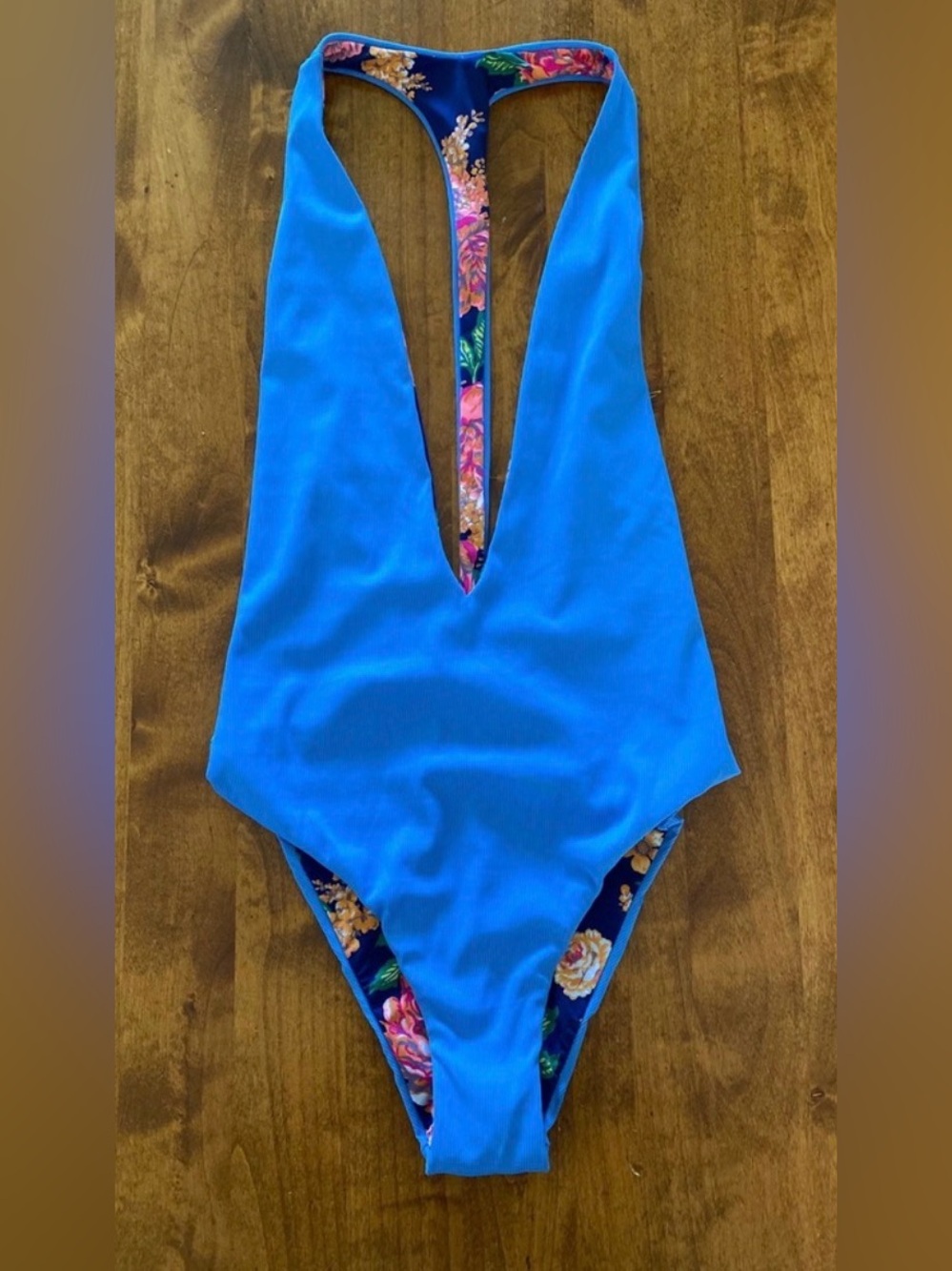 Maaji Blue Reversible One-Piece with Pink Floral Accents - Picture 3 of 5